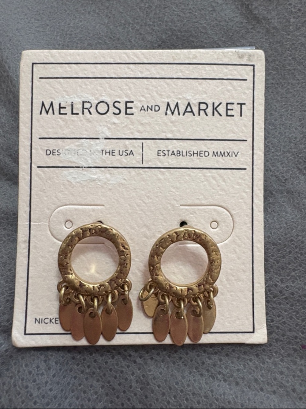 Melrose and Market Hammered Gold Circle Drop Earrings with Teardrop Charms NEW